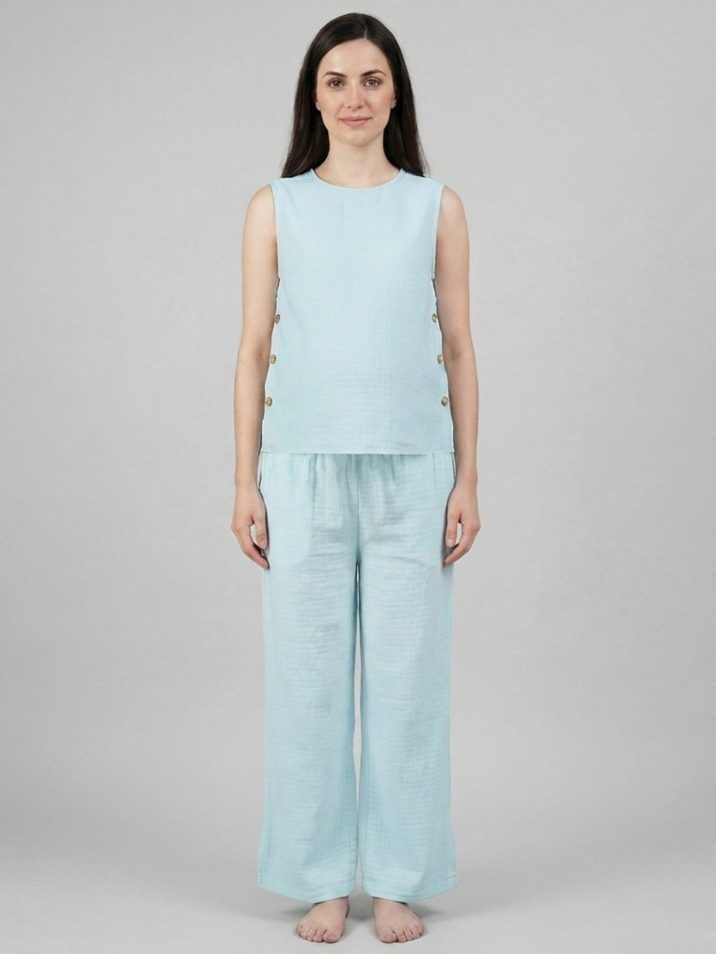 Side-Buttoned Nursing Co-Ord Pants - Light Blue