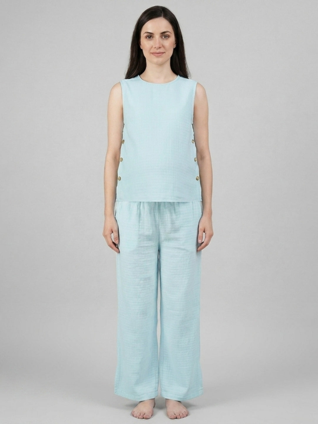 Side-Buttoned Nursing Co-Ord Pants - Light Blue