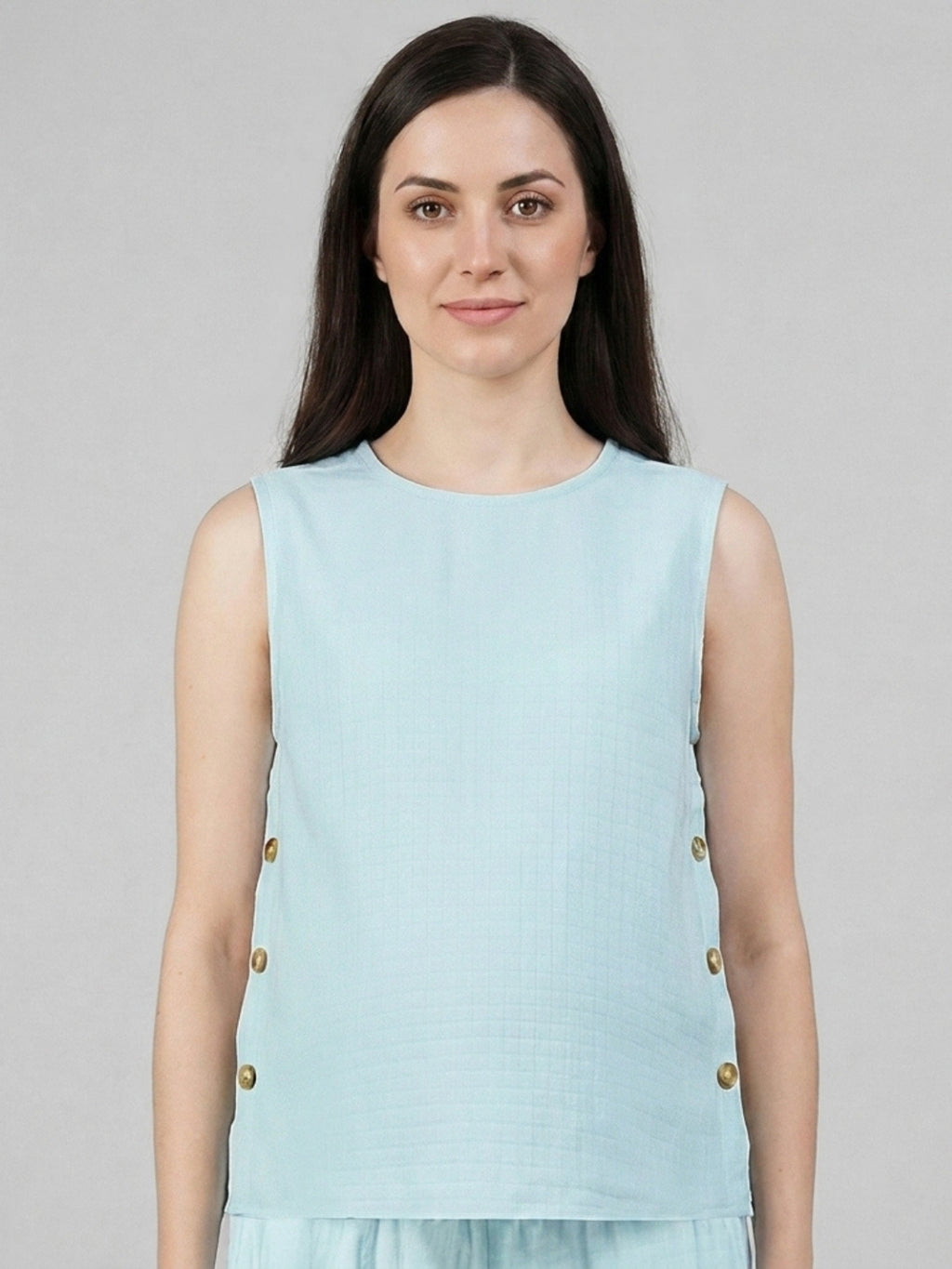 Side-Buttoned Nursing Co-Ord Top - Light Blue
