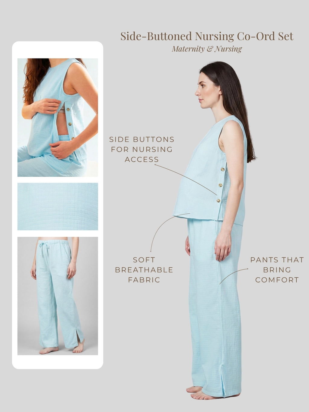 Side-Buttoned Nursing Co-Ord Pants - Light Blue