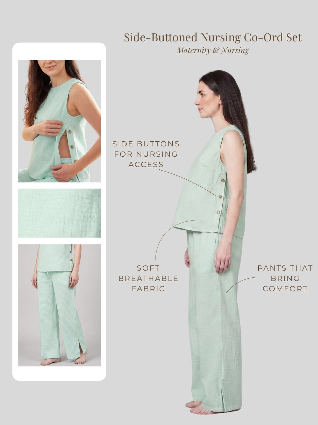 Side-Buttoned Nursing Co-Ord Pants - Sea Green