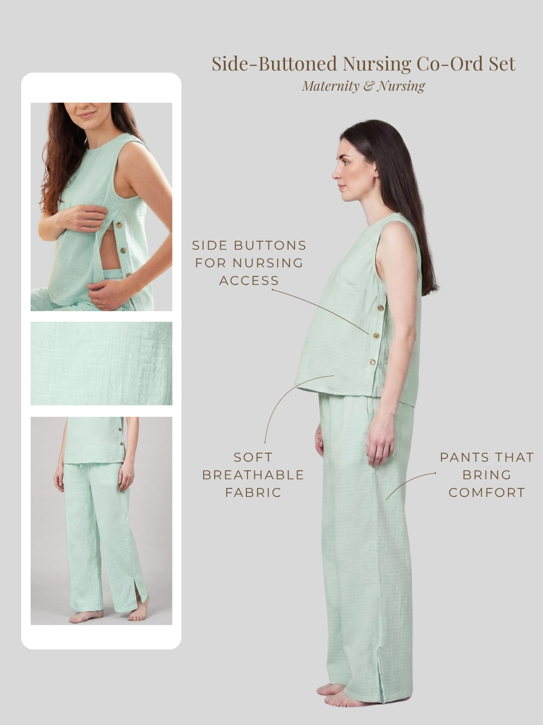 Side-Buttoned Nursing Co-Ord Pants - Sea Green