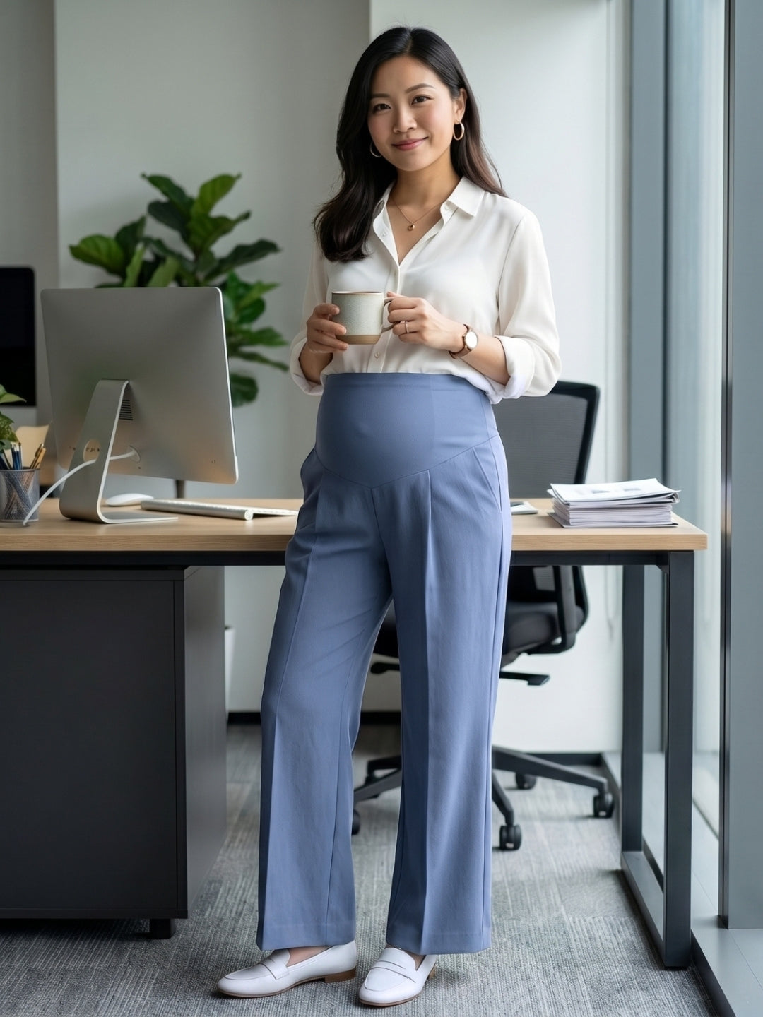 Over-Bump Wide Leg Trousers - Grey-Blue