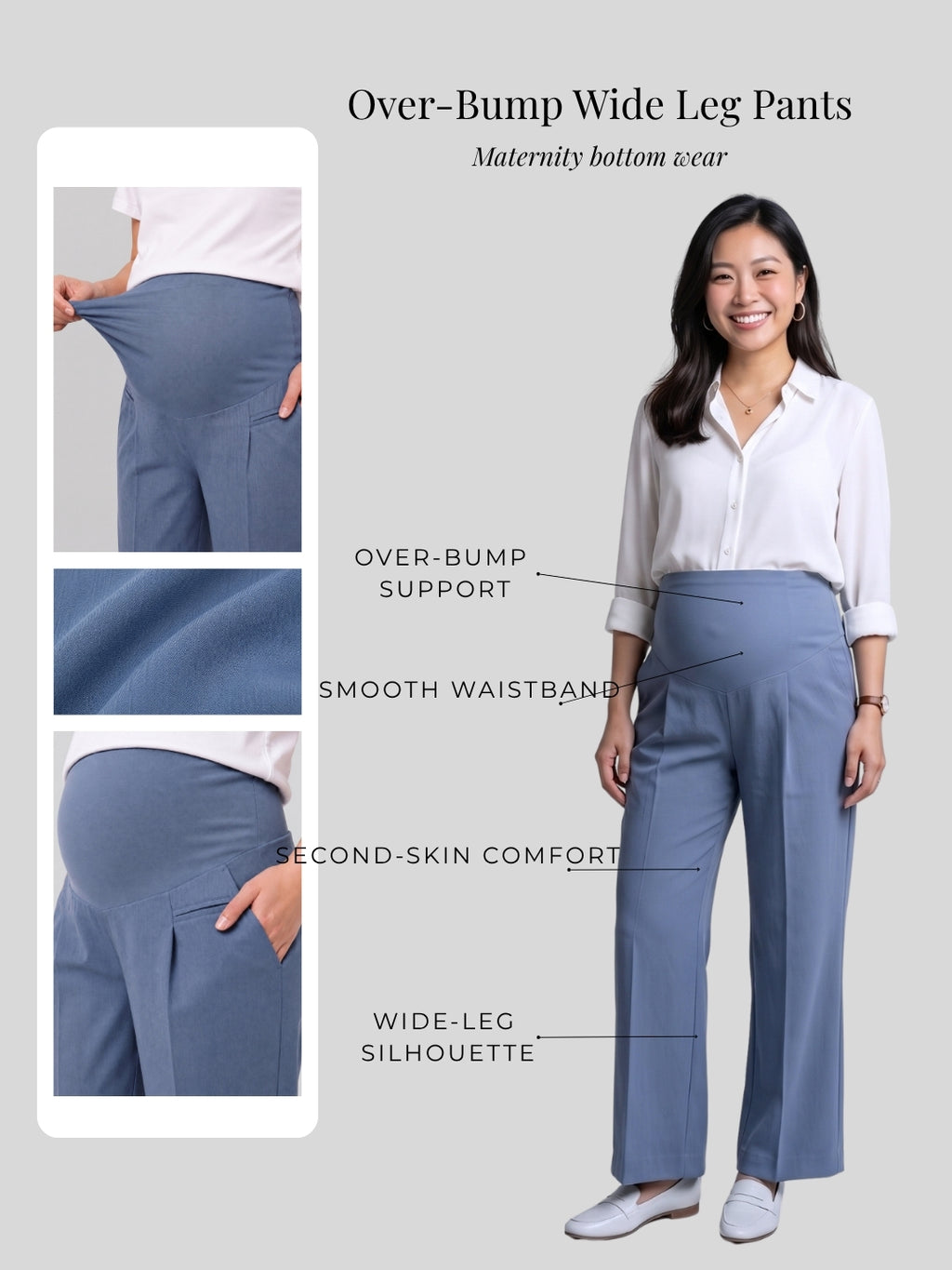 Over-Bump Wide Leg Trousers - Grey-Blue